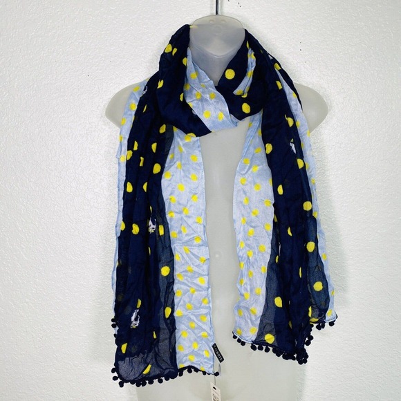 Talbots Scarf Elephant Polka Dot Print Pom Pom Hem Blue Yellow Viscose NEW - Picture 1 of 7